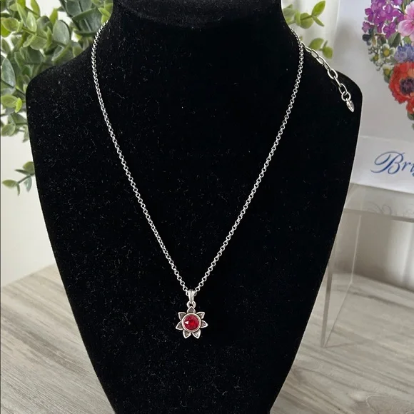 Brighton Silver Flower Pendant Necklace with Red Crystal NWT - Picture 2 of 8